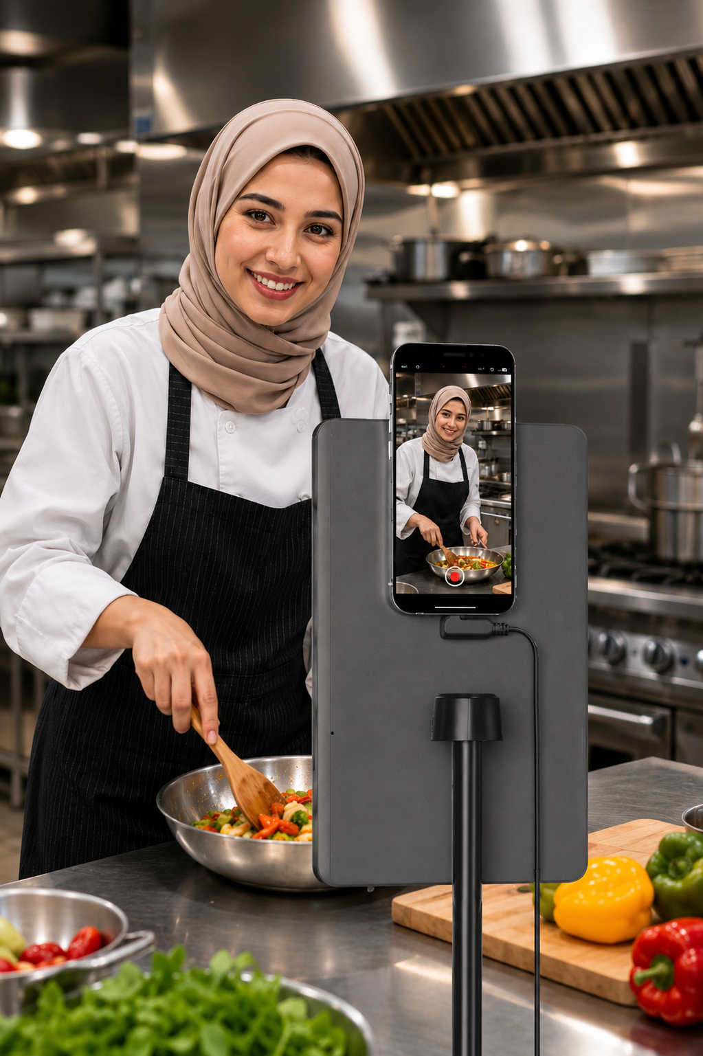 Cheffe voilée en cuisine de restaurant avec KingMa LS10